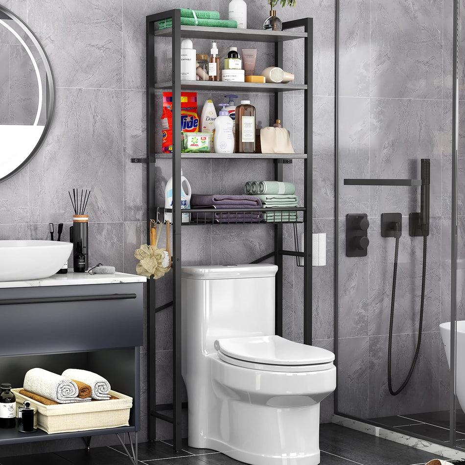 Over-The-Toilet Storage Rack, 4-Tier Bathroom Organizer Shelf Over Toilet with Adjustable Shelf and Basket, Freestanding Space Saver Bathroom Shelves Above Toilet for Room (Vintage Brown)