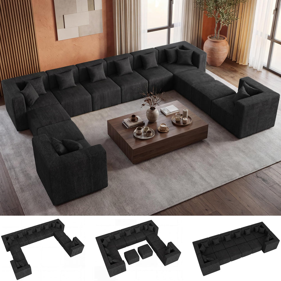 MONVANE Modular Sectional Cloud Couch for Living Room - 130'' 6 Seater Convertible Chenille Couches Set with Ottoman, No Assembly Compression Sofas, Comfy Floor Sofa with Memory Foam, Grey