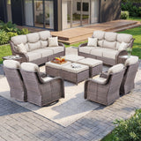 Luxury Swivel Rocker Chairs Fire Pit Set with 6" Thick Cushion 10 piece Wicker Outdoor Patio Chair with Sofa and Ottoman,Comfortable High Back Outdoor Patio Furniture Set - Brown | Gray