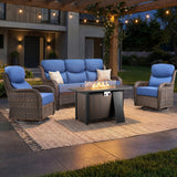 Luxury Swivel Rocker Chairs Fire Pit Set with 6" Thick Cushion 10 piece Wicker Outdoor Patio Chair with Sofa and Ottoman,Comfortable High Back Outdoor Patio Furniture Set - Brown | Gray