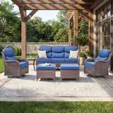 Luxury Swivel Rocker Chairs Fire Pit Set with 6" Thick Cushion 10 piece Wicker Outdoor Patio Chair with Sofa and Ottoman,Comfortable High Back Outdoor Patio Furniture Set - Brown | Gray