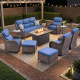Luxury Swivel Rocker Chairs Fire Pit Set with 6" Thick Cushion 10 piece Wicker Outdoor Patio Chair with Sofa and Ottoman,Comfortable High Back Outdoor Patio Furniture Set - Brown | Gray