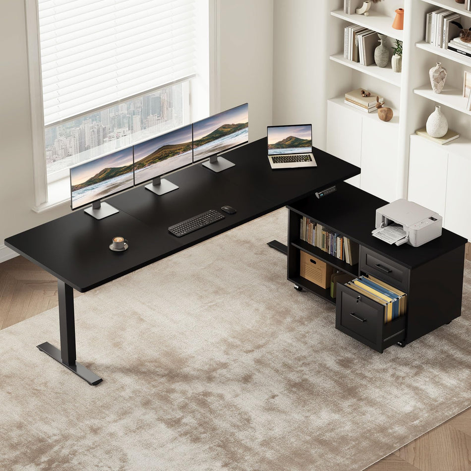 OffiGo 55" L Shaped Electric Standing Desk with Cabinet Sets, Walnut/Black