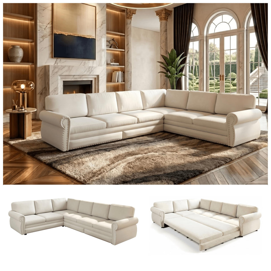88" Sectional Couches for Living Room, 5-Seater Sofa Bed Chenille Pull Out Sofa Bed, Chesterfield L Shaped Sleeper Sofa, Oversized Pull Out Couch with Nailhead Trim King Size Sectional Sofa, DarkGray