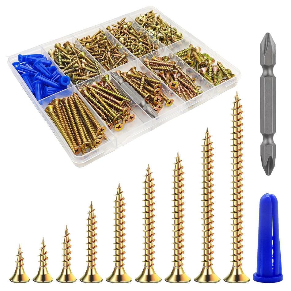 Wensilon 385PCS Wood Screws Assortment Kit, Yellow Flat Head Wood Screws in Multiple Sizes with Drywall Anchors, Assorted Screw Set for Woodworking, Furniture and Home Repair