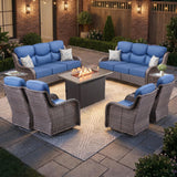 Luxury Swivel Rocker Chairs Fire Pit Set with 6" Thick Cushion 10 piece Wicker Outdoor Patio Chair with Sofa and Ottoman,Comfortable High Back Outdoor Patio Furniture Set - Brown | Gray