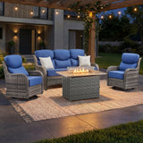 Luxury Swivel Rocker Chairs Fire Pit Set with 6" Thick Cushion 10 piece Wicker Outdoor Patio Chair with Sofa and Ottoman,Comfortable High Back Outdoor Patio Furniture Set - Brown | Gray