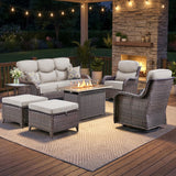 Luxury Swivel Rocker Chairs Fire Pit Set with 6" Thick Cushion 10 piece Wicker Outdoor Patio Chair with Sofa and Ottoman,Comfortable High Back Outdoor Patio Furniture Set - Brown | Gray