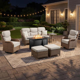 Luxury Swivel Rocker Chairs Fire Pit Set with 6" Thick Cushion 10 piece Wicker Outdoor Patio Chair with Sofa and Ottoman,Comfortable High Back Outdoor Patio Furniture Set - Brown | Gray