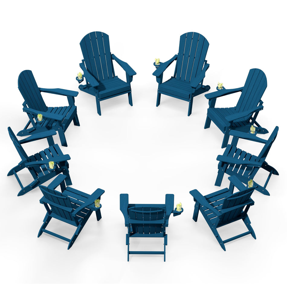 Plawdlik Folding Adirondack Chair with Cup Holder, HDPE All-Weather, Navy
