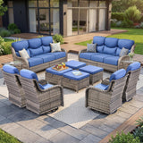 Luxury Swivel Rocker Chairs Fire Pit Set with 6" Thick Cushion 10 piece Wicker Outdoor Patio Chair with Sofa and Ottoman,Comfortable High Back Outdoor Patio Furniture Set - Brown | Gray