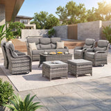 Luxury Swivel Rocker Chairs Fire Pit Set with 6" Thick Cushion 10 piece Wicker Outdoor Patio Chair with Sofa and Ottoman,Comfortable High Back Outdoor Patio Furniture Set - Brown | Gray