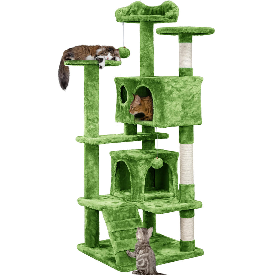 Yaheetech 54in Cat Tree, Multi-Level Cat Tower with Spacious Kitten-ear Perch, 2 Cozy Caves, Scratching Posts, Climbing Ladder, 2 Plush Balls, Durable Pet House Furniture for Indoor Kittens, Dark Gray