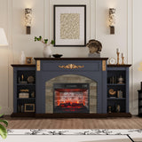 80" Fireplace TV Stand with Mantel, Navy Blue Entertainment Center with Brown Wood-Look Top & Gold Carved Accents, 30" Electric Fireplace Insert with Red Brick Interior, Fits up to 90" TVs