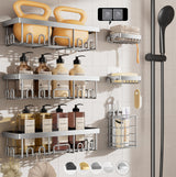 Veken Rustproof & Waterproof Shower Caddy 6-Pack, No Drilling Adhesive Shelves Rack with Soap Holder, Large Capacity Bathroom Organizers and Storage, Wall-Mounted Kitchen & Home Decor