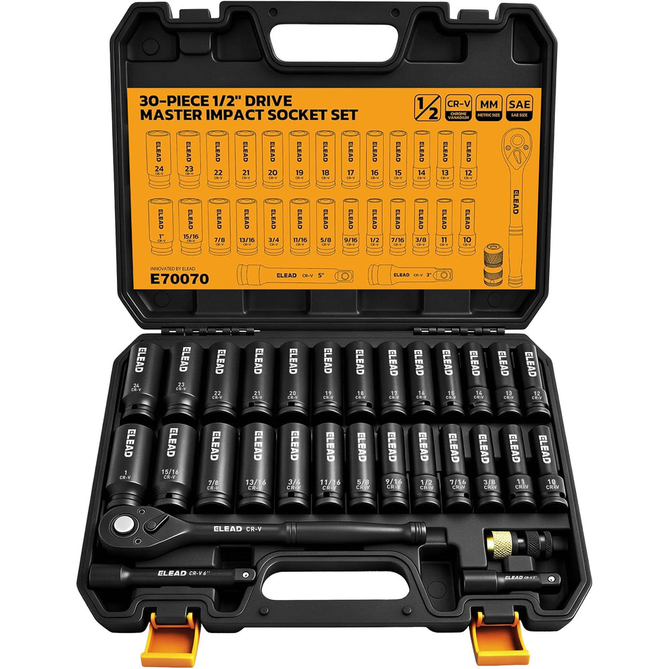 ELEAD 148-Piece Mechanics Tool Set, SAE/Metric 1/4" & 3/8" Drive Socket Set, Magnetic Nut Drivers, Ratcheting Wrenches, Extensions & Adapters, Quick-Release Ratchet, Mechanics Tool for Car Repair