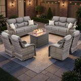 Luxury Swivel Rocker Chairs Fire Pit Set with 6" Thick Cushion 10 piece Wicker Outdoor Patio Chair with Sofa and Ottoman,Comfortable High Back Outdoor Patio Furniture Set - Brown | Gray