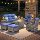 Luxury Swivel Rocker Chairs Fire Pit Set with 6" Thick Cushion 10 piece Wicker Outdoor Patio Chair with Sofa and Ottoman,Comfortable High Back Outdoor Patio Furniture Set - Brown | Gray