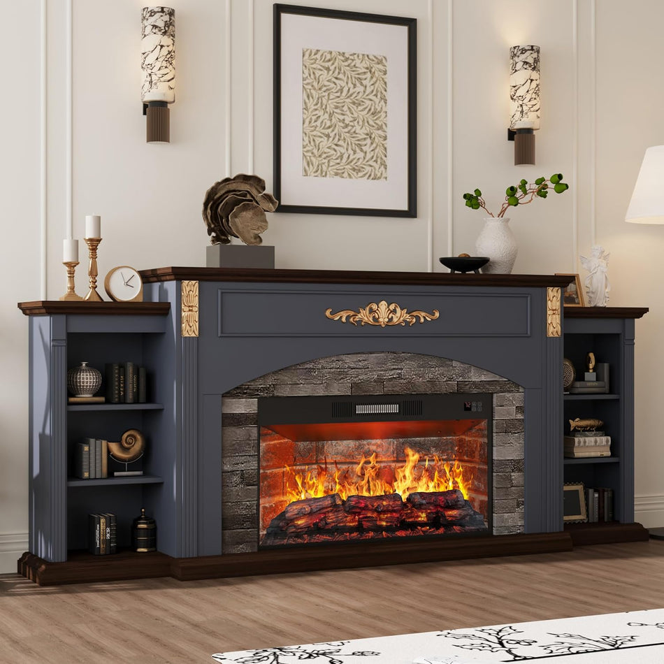 80" Fireplace TV Stand with Mantel, Navy Blue Entertainment Center with Brown Wood-Look Top & Gold Carved Accents, 30" Electric Fireplace Insert with Red Brick Interior, Fits up to 90" TVs