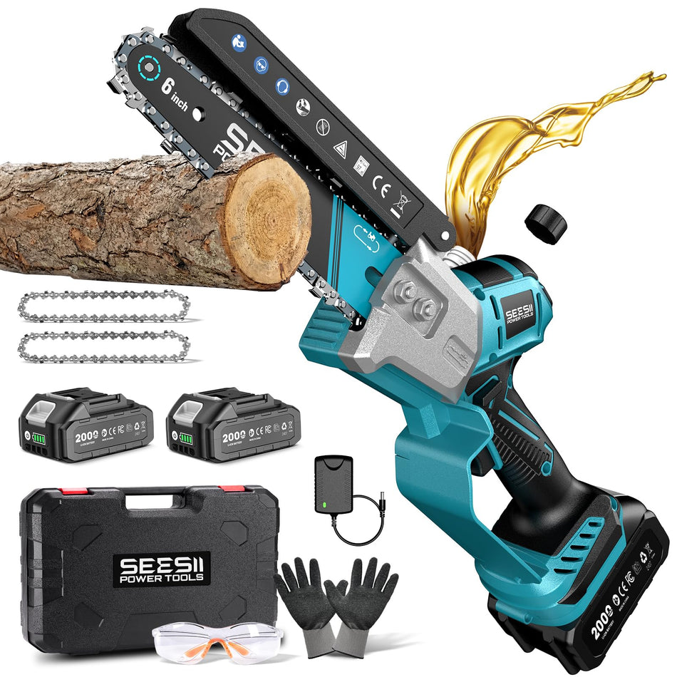 Seesii Mini Chainsaw, 6-inch Mini Chainsaw Cordless, Handheld Electric Power Chain Saw with 2 Batteries, for Tree Trimming Wood Cutting, Best Gifts for Father, Dad, Husband, Men