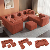 MONVANE Modular Sectional Cloud Couch for Living Room - 130'' 6 Seater Convertible Chenille Couches Set with Ottoman, No Assembly Compression Sofas, Comfy Floor Sofa with Memory Foam, Grey