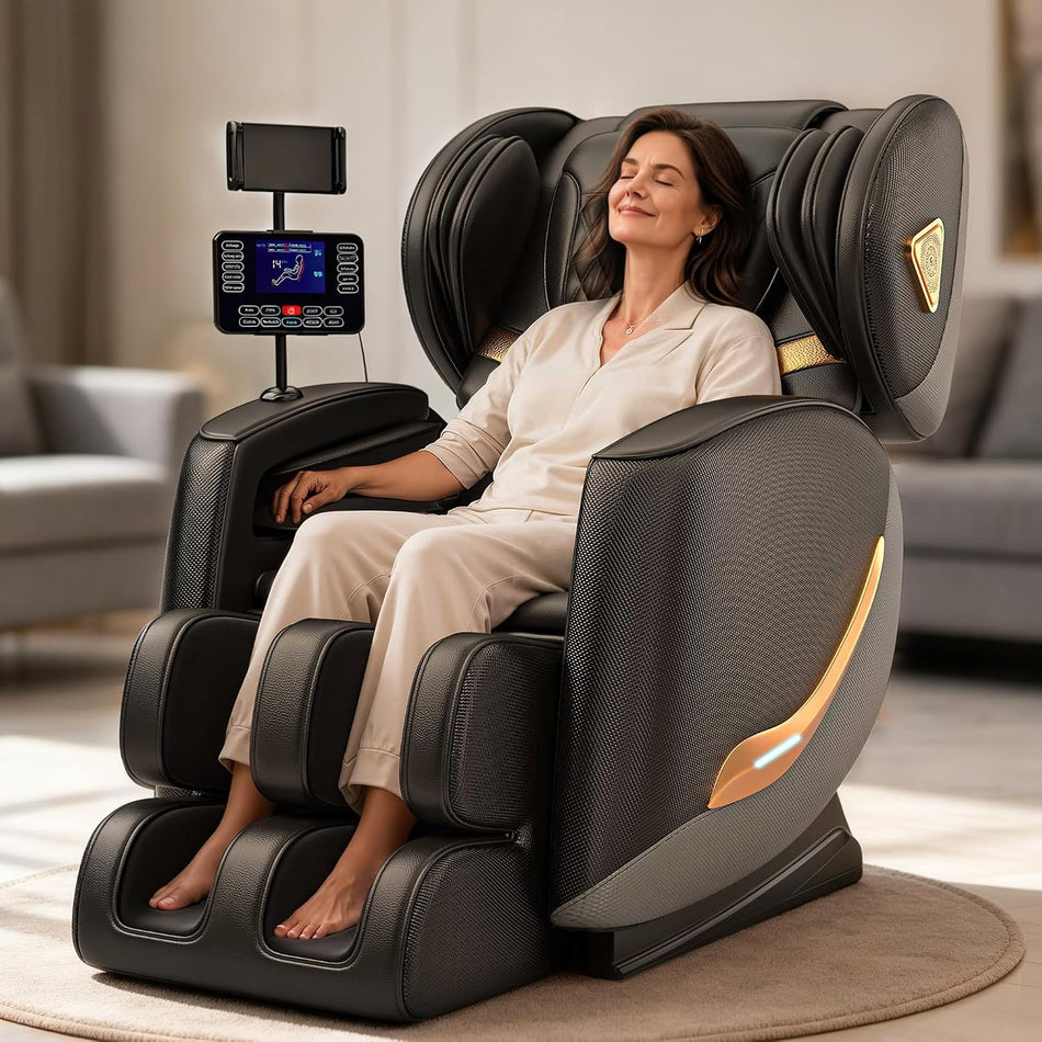 Upgraded Full Body Massage Chair Recliner Zero Gravity Chair with 10 Rollers Enhanced Back Cushion Thick Seat Cushion Airbags Heat Foot Massage Auto Modes Bluetooth Speaker Touchscreen