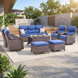 Luxury Swivel Rocker Chairs Fire Pit Set with 6" Thick Cushion 10 piece Wicker Outdoor Patio Chair with Sofa and Ottoman,Comfortable High Back Outdoor Patio Furniture Set - Brown | Gray
