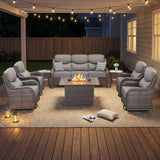 Luxury Swivel Rocker Chairs Fire Pit Set with 6" Thick Cushion 10 piece Wicker Outdoor Patio Chair with Sofa and Ottoman,Comfortable High Back Outdoor Patio Furniture Set - Brown | Gray