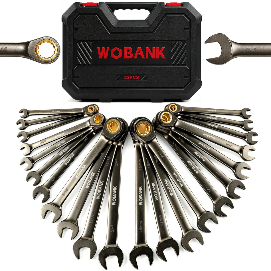 22-Piece Ratcheting Wrench Set, Flex Head Combination Wrenches Set with Organizer Box, Metric 8-19mm and SAE 1/4" to 3/4" Size, 12 Points 72-Teeth, Nickel Plating