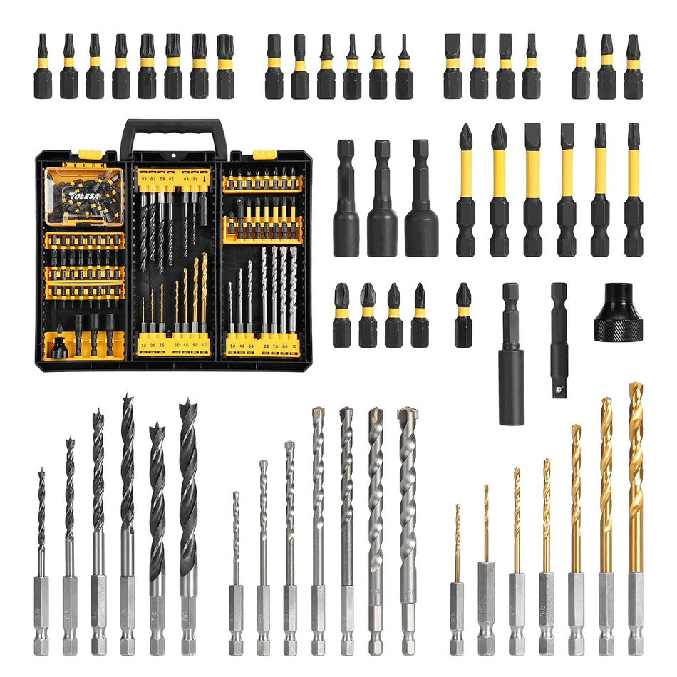 TOLESA 105pcs Drill Bit Set Titanium Coated, High Speed Steel Twist Driver Bit Set for Metal, Wood & Masonry, Screwdriver Bits Set, Countersink & More with Organizer Case