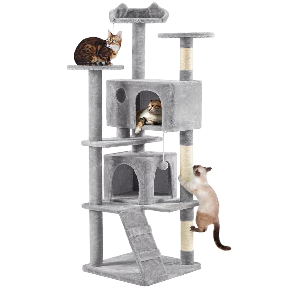 Yaheetech 54in Cat Tree, Multi-Level Cat Tower with Spacious Kitten-ear Perch, 2 Cozy Caves, Scratching Posts, Climbing Ladder, 2 Plush Balls, Durable Pet House Furniture for Indoor Kittens, Dark Gray