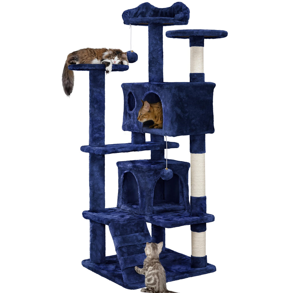 Yaheetech 54in Cat Tree, Multi-Level Cat Tower with Spacious Kitten-ear Perch, 2 Cozy Caves, Scratching Posts, Climbing Ladder, 2 Plush Balls, Durable Pet House Furniture for Indoor Kittens, Dark Gray