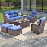 Luxury Swivel Rocker Chairs Fire Pit Set with 6" Thick Cushion 10 piece Wicker Outdoor Patio Chair with Sofa and Ottoman,Comfortable High Back Outdoor Patio Furniture Set - Brown | Gray