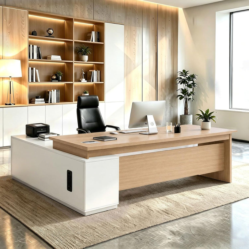 L Shaped Executive Desk with Drawers, Large Wood Workstation, Modern Executive Office Furniture for Home Office and Business Workspace, Multiple Sizes & Colors