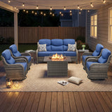 Luxury Swivel Rocker Chairs Fire Pit Set with 6" Thick Cushion 10 piece Wicker Outdoor Patio Chair with Sofa and Ottoman,Comfortable High Back Outdoor Patio Furniture Set - Brown | Gray