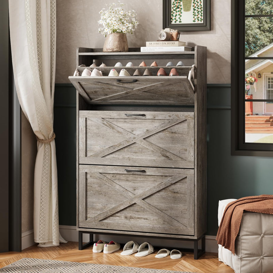 Maupvit Shoe Storage Cabinet with 2 Flip Drawers, Freestanding Shoe Organizer with Metal Legs for Entryway, Narrow Shoe Rack Cabinet, Rustic Brown