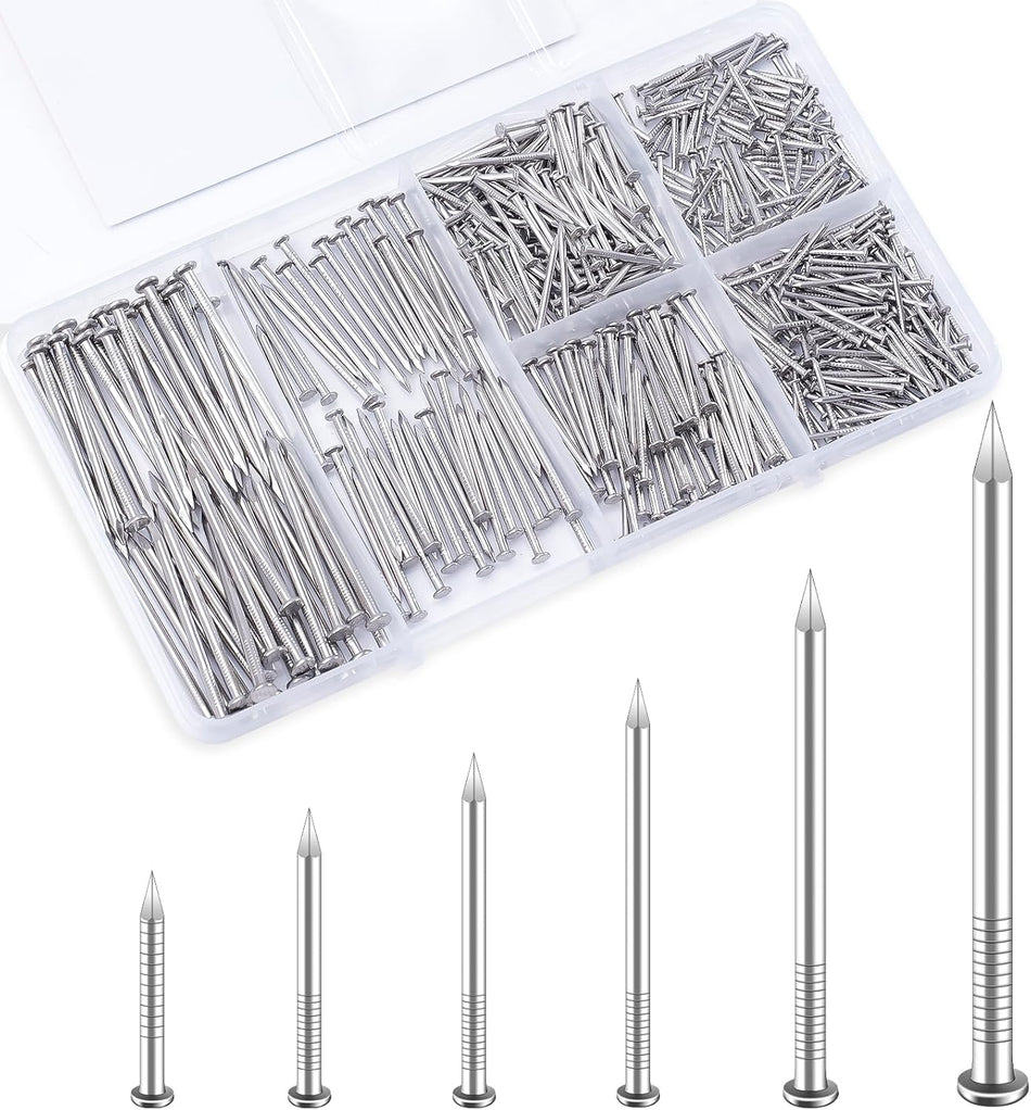 KURUI 500Pcs Stainless Steel Wall Nails Assortment Kit, 6 Sizes Long Nails for Hanging Picture Frames,Shelves, Wood, Drywall, Small Nails, Finishing Nail for Home Decor & Home Improvement