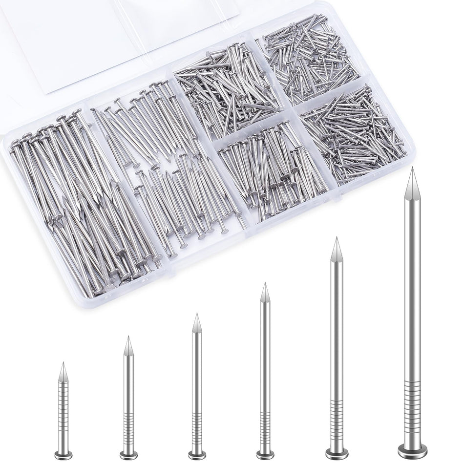 KURUI 500Pcs Stainless Steel Wall Nails Assortment Kit, 6 Sizes Long Nails for Hanging Picture Frames,Shelves, Wood, Drywall, Small Nails, Finishing Nail for Home Decor & Home Improvement