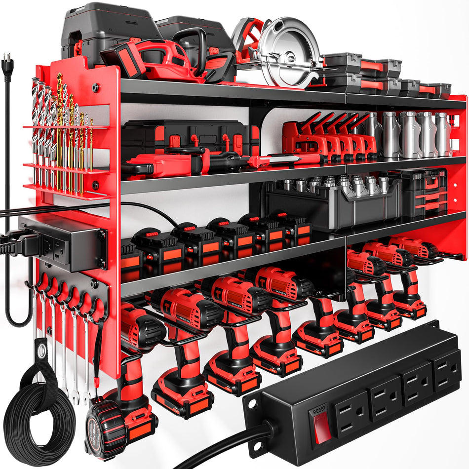 POKIPO Large Power Tool Organizer Wall Mount with Charging Station,4 Layer Heavy Duty Metal Tool Storage Rack Loads 600lbs with 8 Cordless Drill Holder,Battery Utility Rack Loads with 4 Power Strip