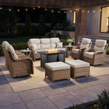 Luxury Swivel Rocker Chairs Fire Pit Set with 6" Thick Cushion 10 piece Wicker Outdoor Patio Chair with Sofa and Ottoman,Comfortable High Back Outdoor Patio Furniture Set - Brown | Gray