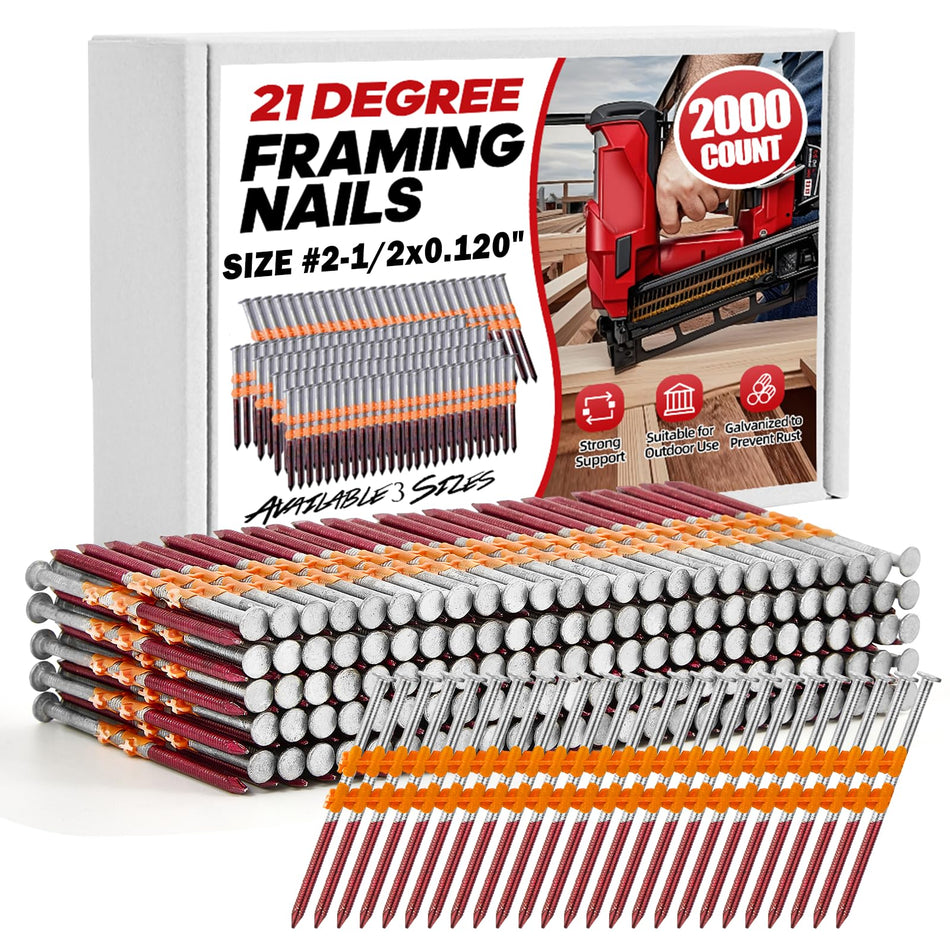 1000 Count 21 Degree Framing Nails, 2" x 0.113" Full Round Head, Ring Shank, Hot Dipped Galvanized, Plastic Collated Nails for 21° Round Head Framing Nail Guns