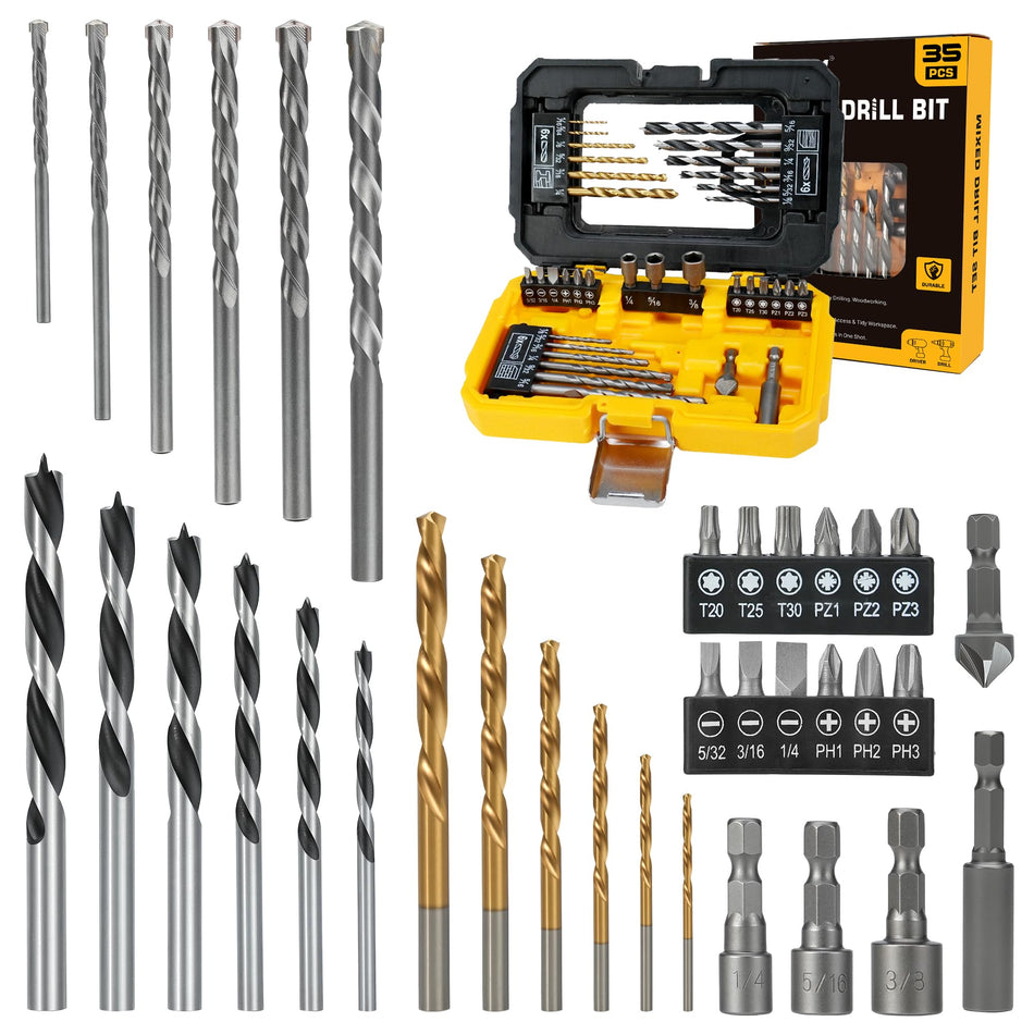 TOLESA 105pcs Drill Bit Set Titanium Coated, High Speed Steel Twist Driver Bit Set for Metal, Wood & Masonry, Screwdriver Bits Set, Countersink & More with Organizer Case