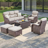 Luxury Swivel Rocker Chairs Fire Pit Set with 6" Thick Cushion 10 piece Wicker Outdoor Patio Chair with Sofa and Ottoman,Comfortable High Back Outdoor Patio Furniture Set - Brown | Gray