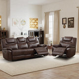 ANJ 3-Piece Manual Reclining Sofa Set, Premium Genuine Leather Reclining Sofas, Include Single Recliner Chair & 2 Loveseat Reclining Couch with Hidden Storage and Cup Holders, Dark Brown