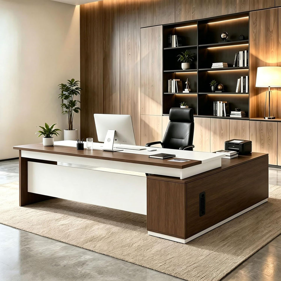L Shaped Executive Desk with Drawers, Large Wood Workstation, Modern Executive Office Furniture for Home Office and Business Workspace, Multiple Sizes & Colors