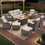 Luxury Swivel Rocker Chairs Fire Pit Set with 6" Thick Cushion 10 piece Wicker Outdoor Patio Chair with Sofa and Ottoman,Comfortable High Back Outdoor Patio Furniture Set - Brown | Gray