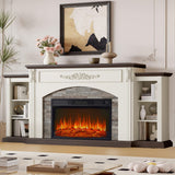 80" Fireplace TV Stand with Mantel, Navy Blue Entertainment Center with Brown Wood-Look Top & Gold Carved Accents, 30" Electric Fireplace Insert with Red Brick Interior, Fits up to 90" TVs