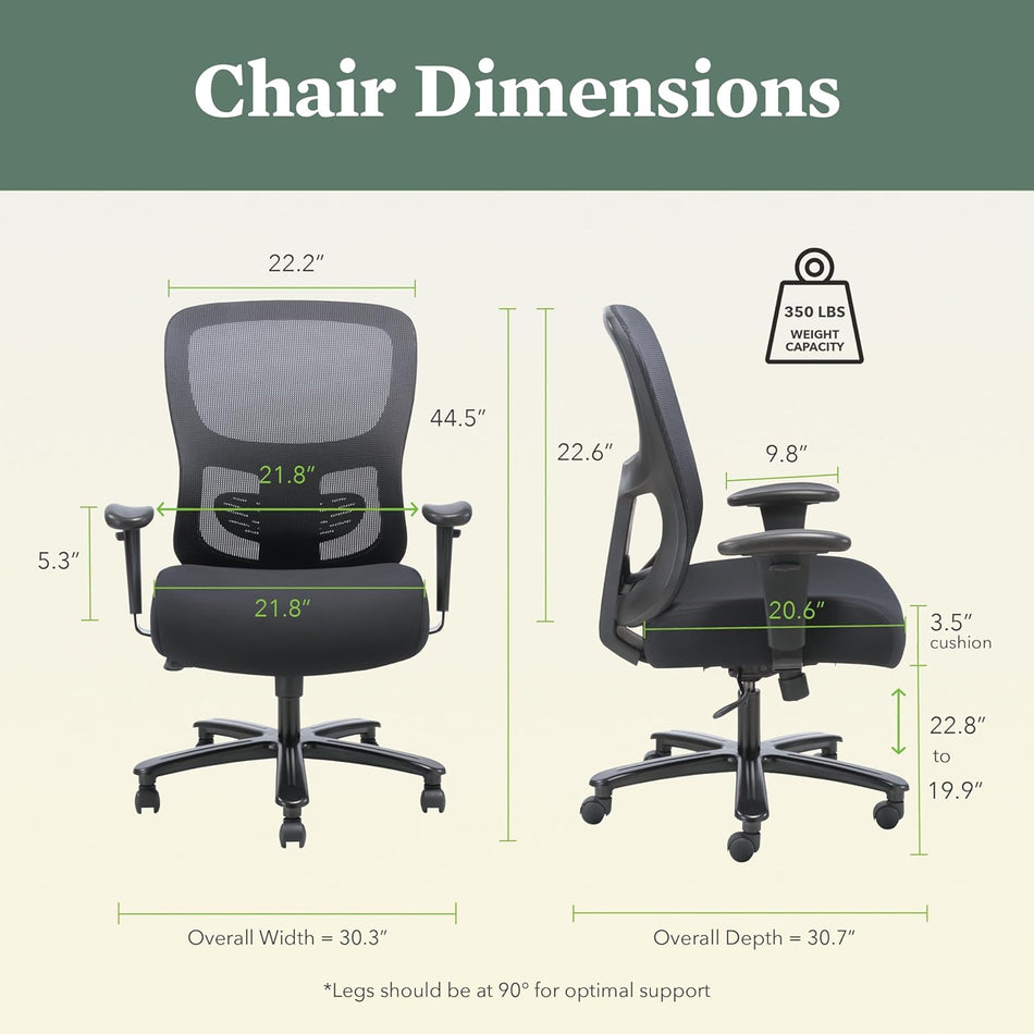HON Sadie Big and Tall Office Chair, Ergonomic Chair with Mesh Back, Lumbar Support, Home Office Desk Chairs, 350 lb Max, Black