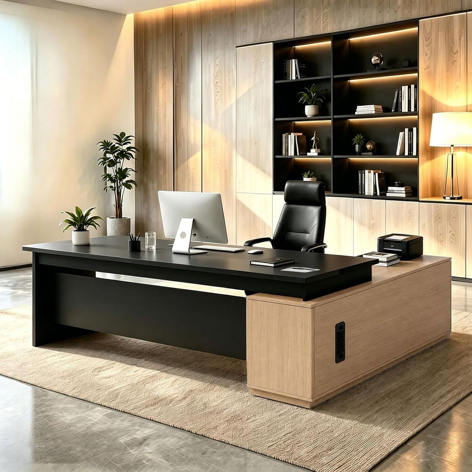 L Shaped Executive Desk with Drawers, Large Wood Workstation, Modern Executive Office Furniture for Home Office and Business Workspace, Multiple Sizes & Colors