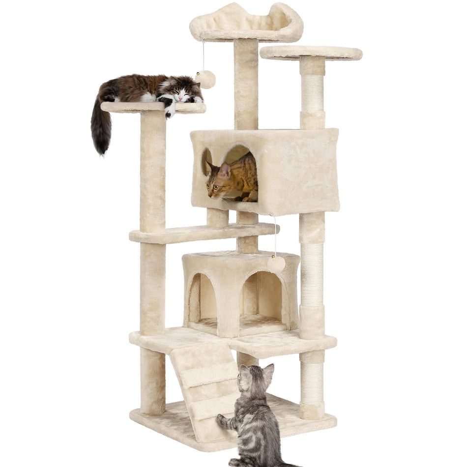 Yaheetech 54in Cat Tree, Multi-Level Cat Tower with Spacious Kitten-ear Perch, 2 Cozy Caves, Scratching Posts, Climbing Ladder, 2 Plush Balls, Durable Pet House Furniture for Indoor Kittens, Dark Gray